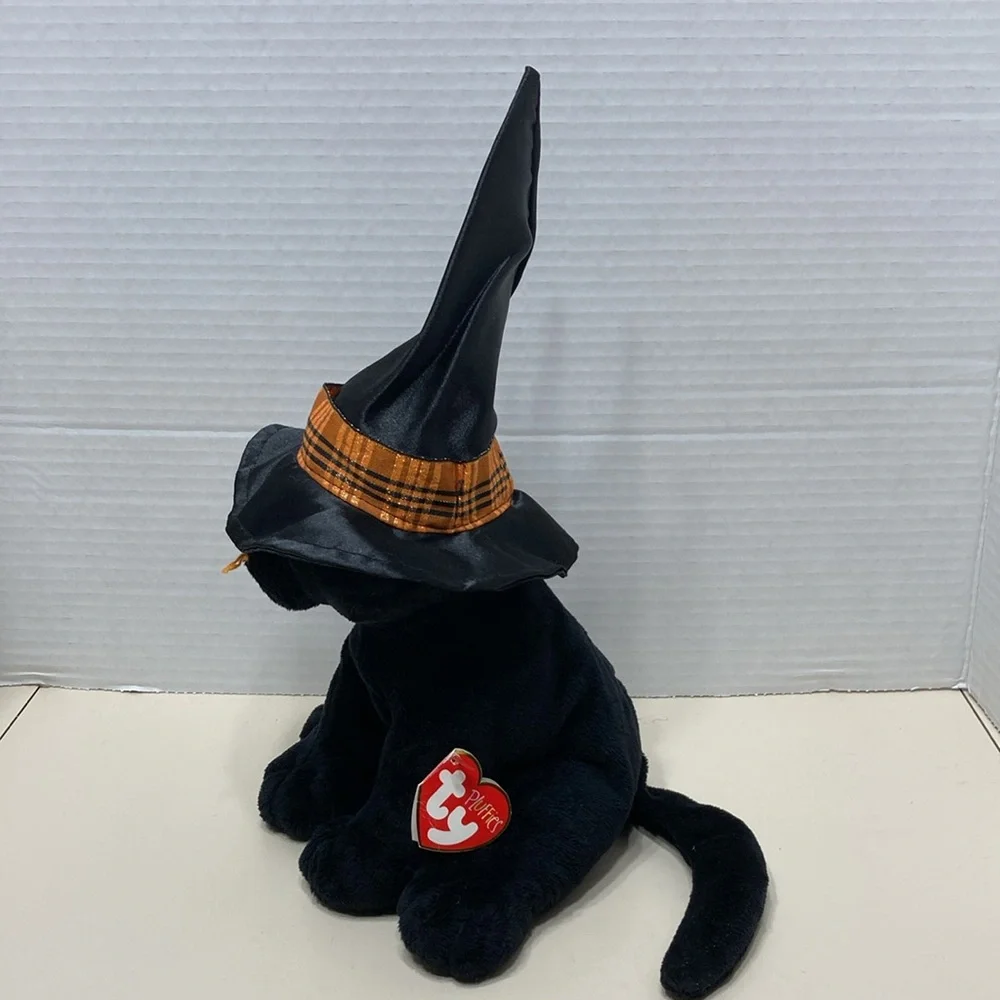 Ty Merlin 2005 Pluffies Halloween Black Cat Witch Hat Stuffed Animal Tags Vtg